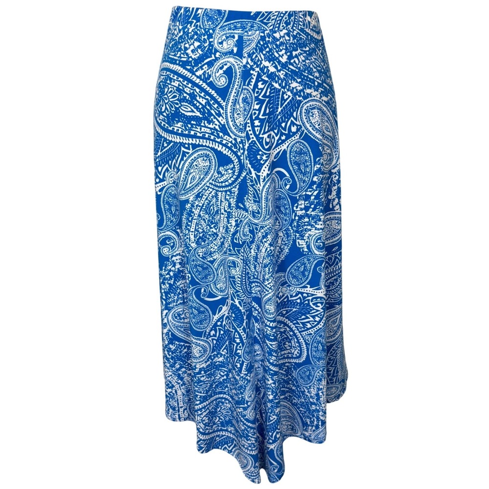 Chico's Asymmetric Handkerchief Hem Midi Skirt Blue Paisley Stretch Size 2 Large